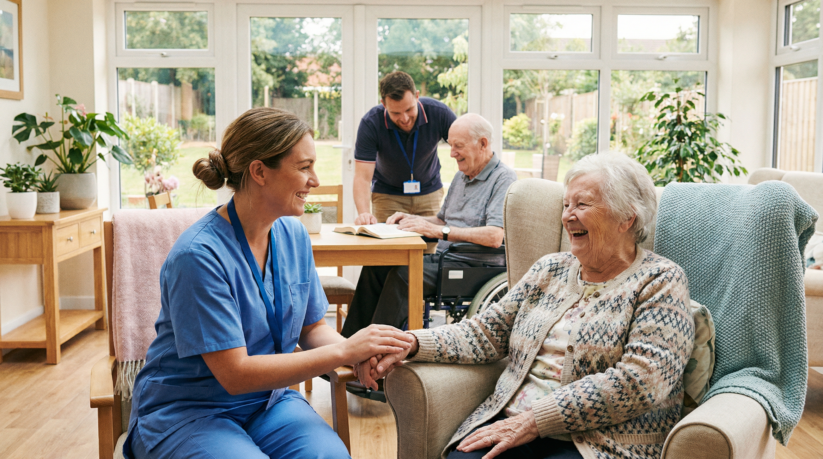 Caregivers providing compassionate care to elderly residents